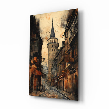 Galata Street glass wall art with misty Istanbul cityscape