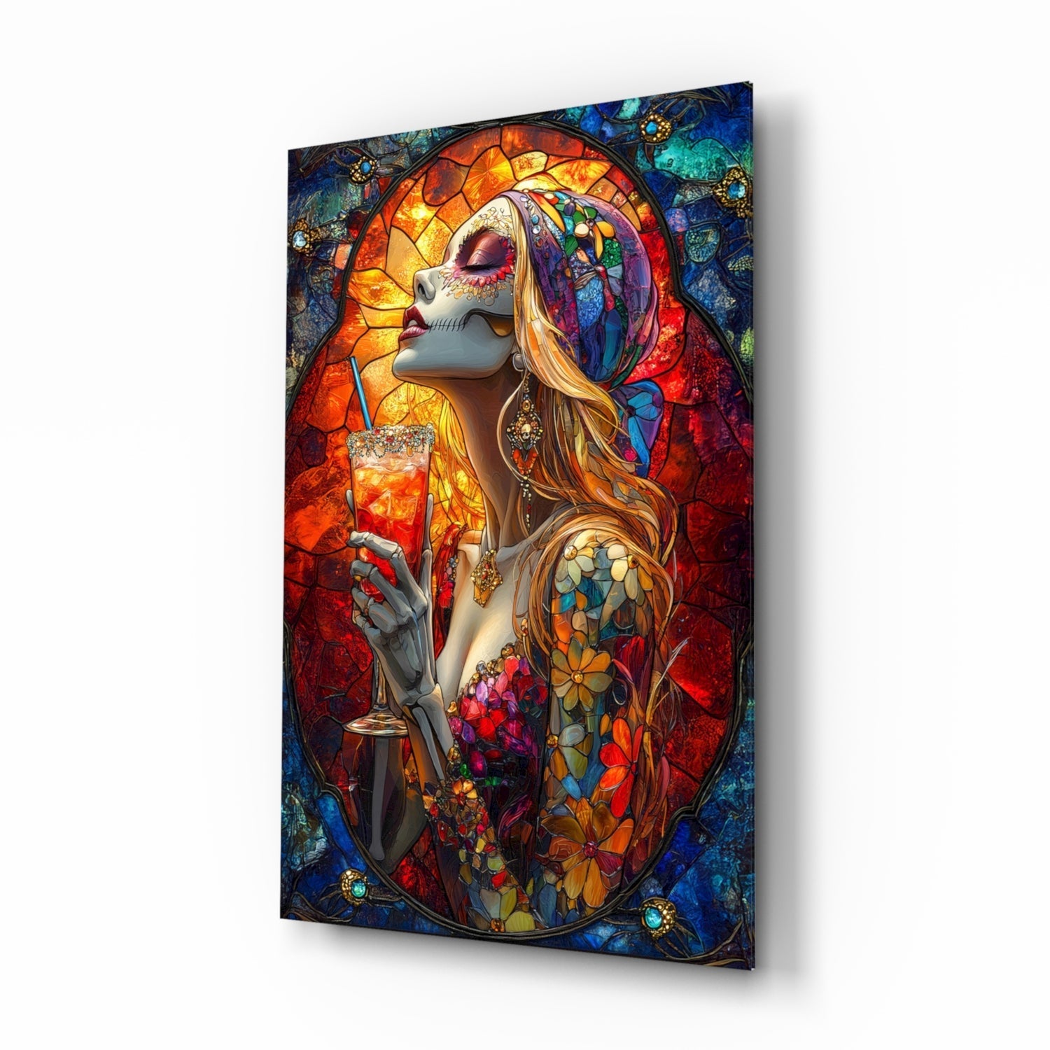 Cocktail of the Dead glass wall art with Dia de los Muertos catrina