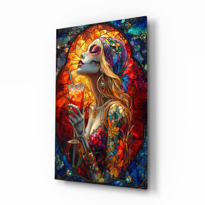 Cocktail of the Dead glass wall art with Dia de los Muertos catrina