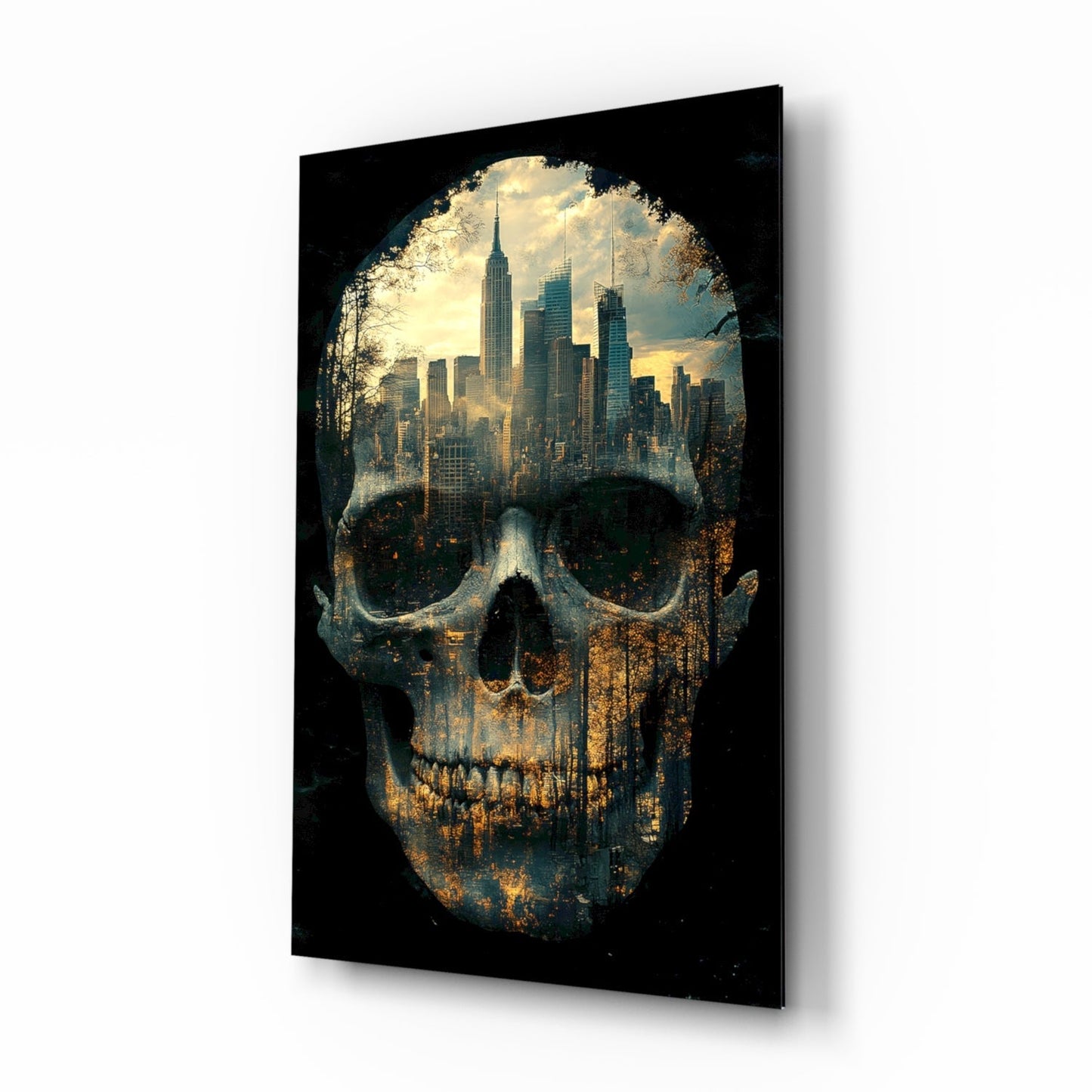 City Skull glass wall art with NYC skyline skull grunge design