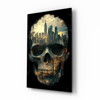 City Skull glass wall art with NYC skyline skull grunge design