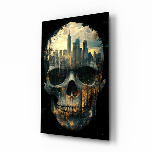 City Skull glass wall art with NYC skyline skull grunge design