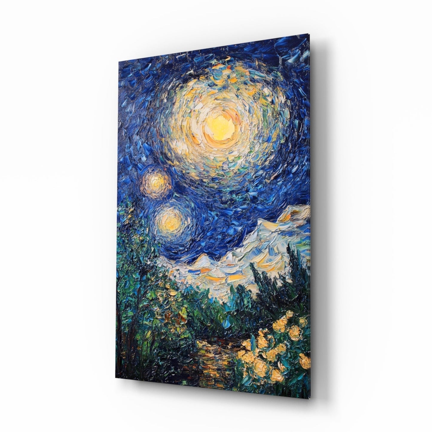 Starry Night glass wall art with Van Gogh-style impasto sky