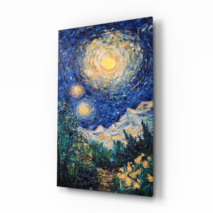 Starry Night glass wall art with Van Gogh-style impasto sky
