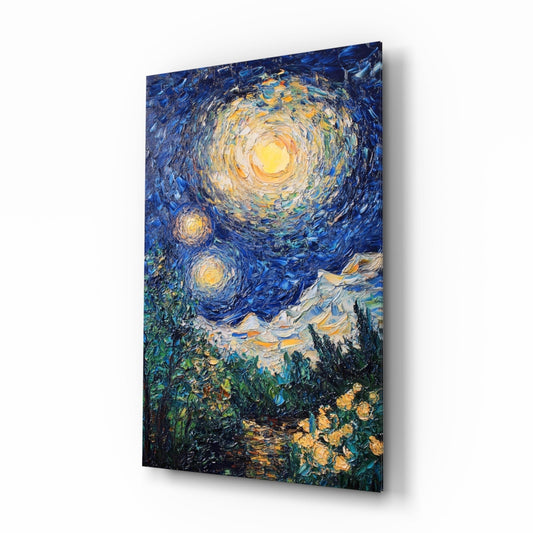 Starry Night glass wall art with Van Gogh-style impasto sky