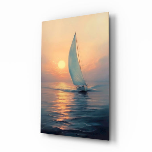 Sunset sailboat glass wall art, lone white sail on peach-apricot sky and sapphire blue sea