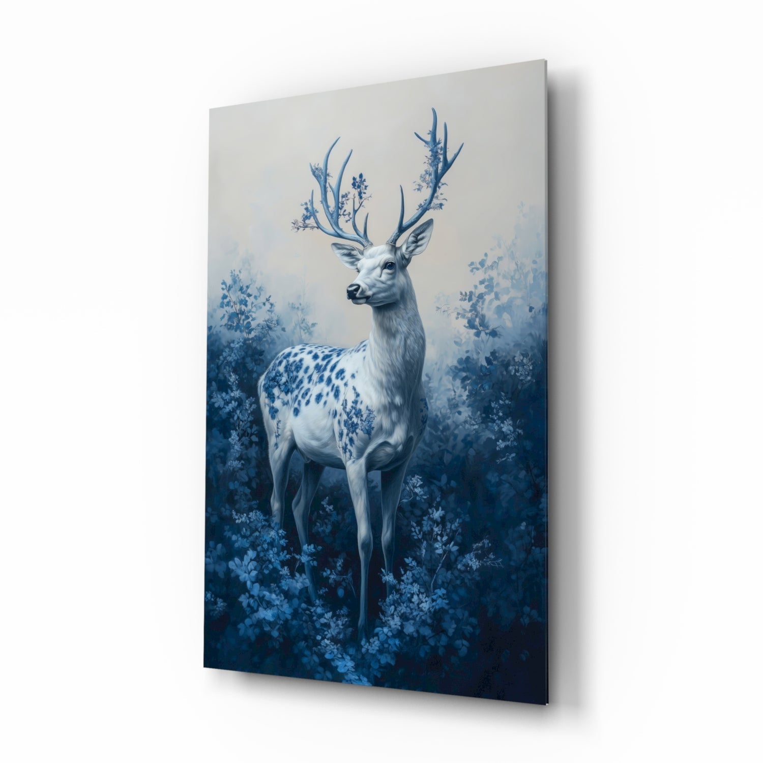 Blue Deer glass wall art, fantasy stag with floral motifs