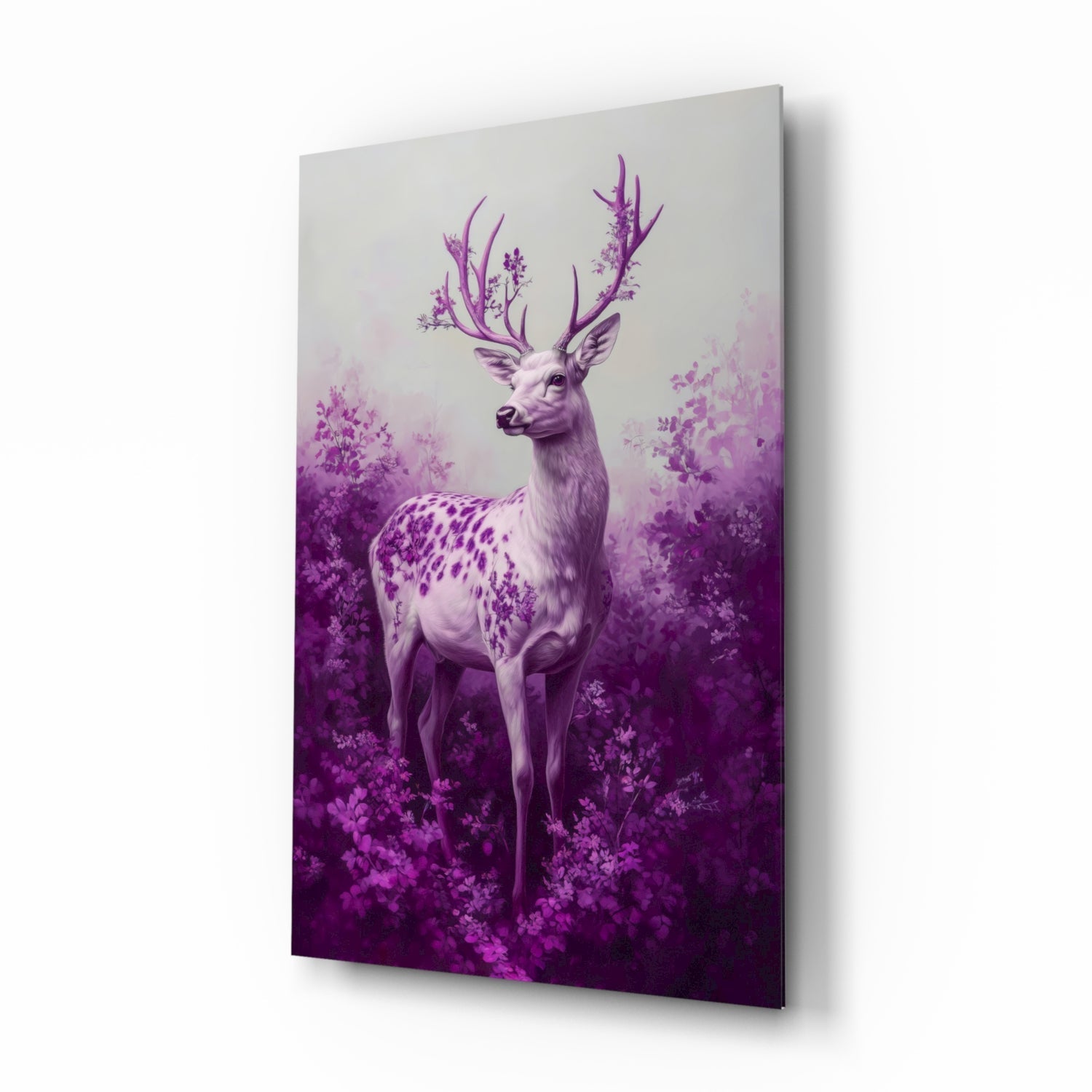 Purple Deer glass wall art with orchid-violet fantasy stag