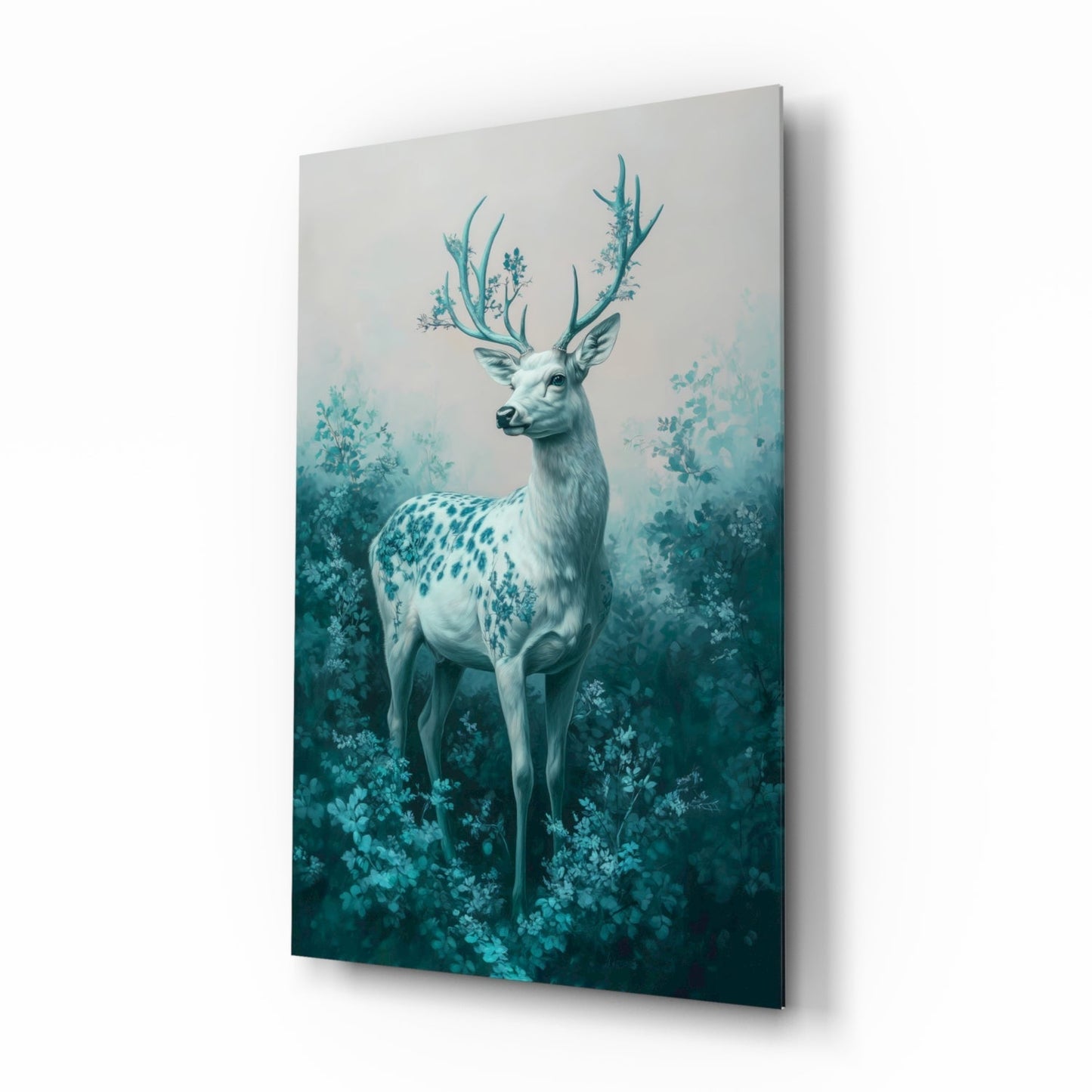 Mint Deer glass wall art with fantasy stag and mint florals