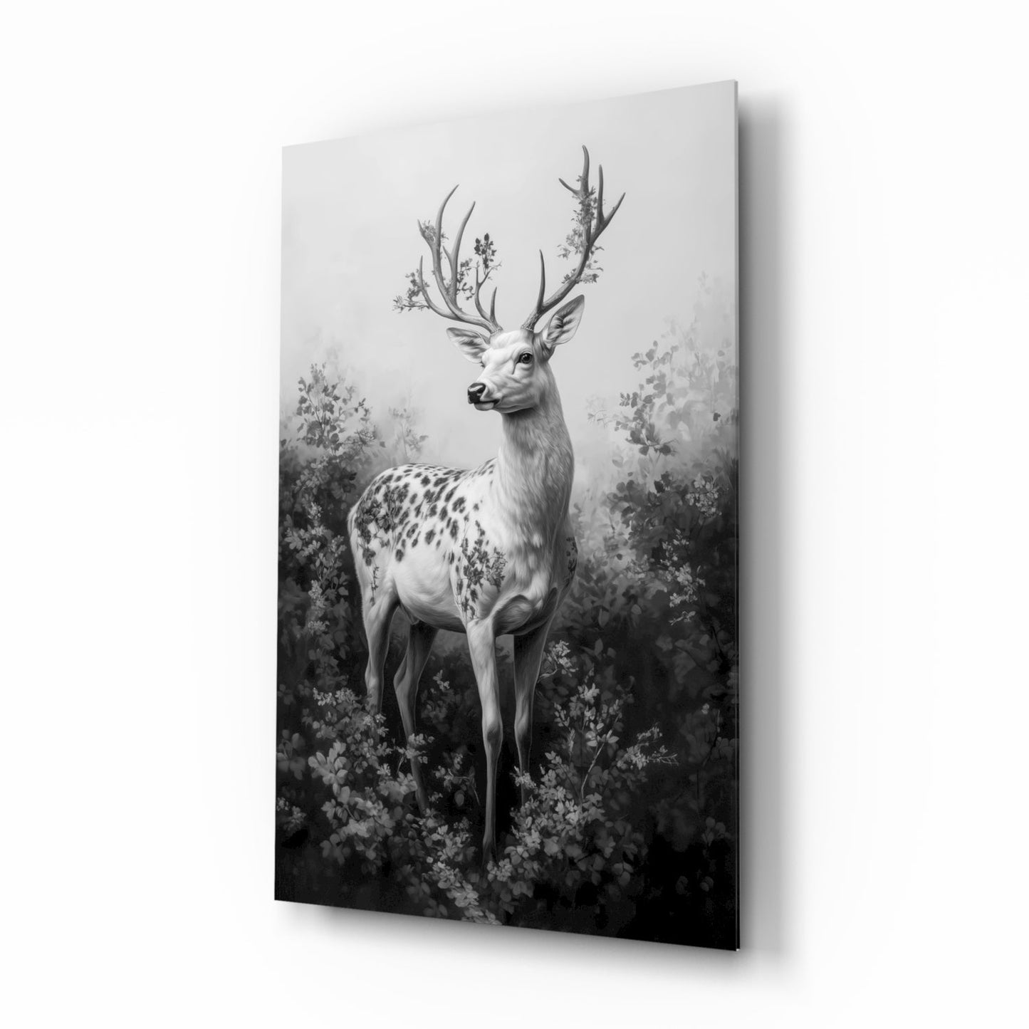 Monochrome fantasy deer glass wall art with blossoming charcoal antlers