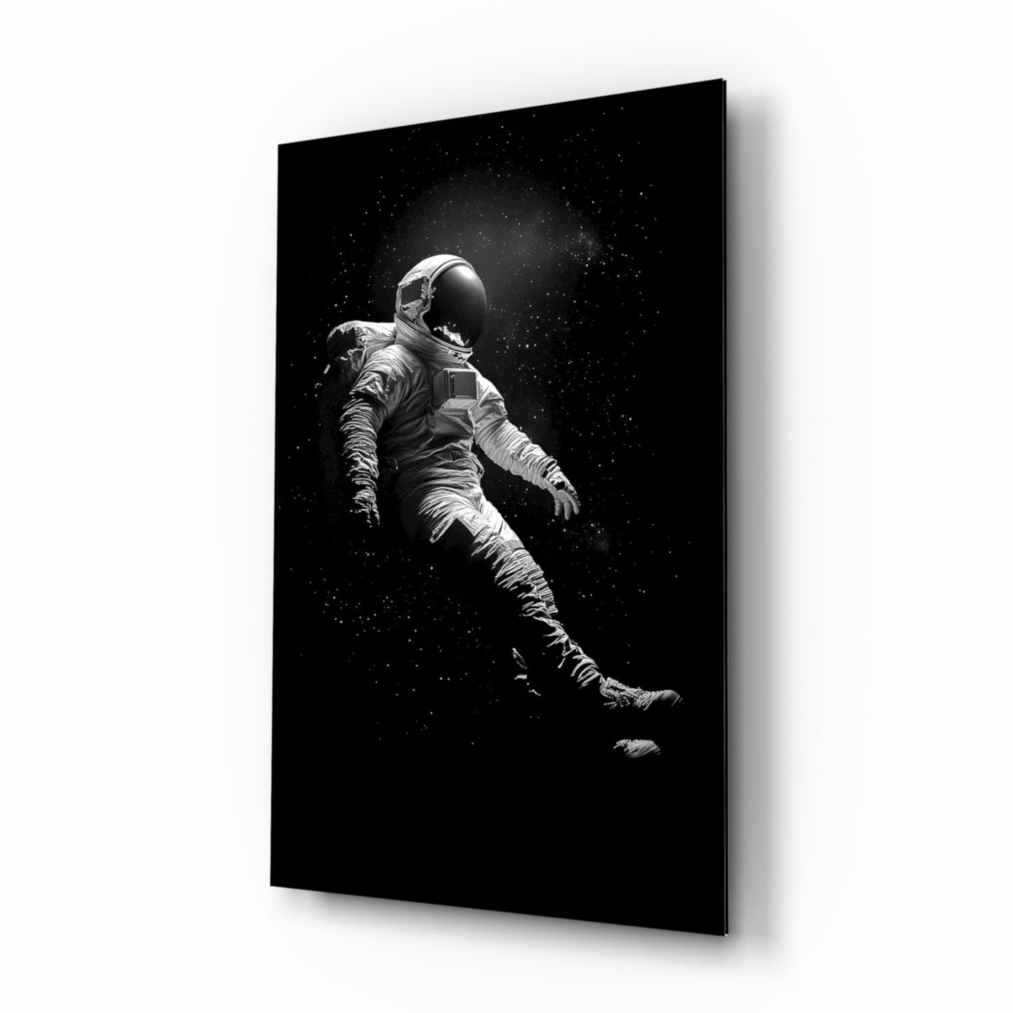 Loneliness in Space glass wall art with monochrome astronaut scene