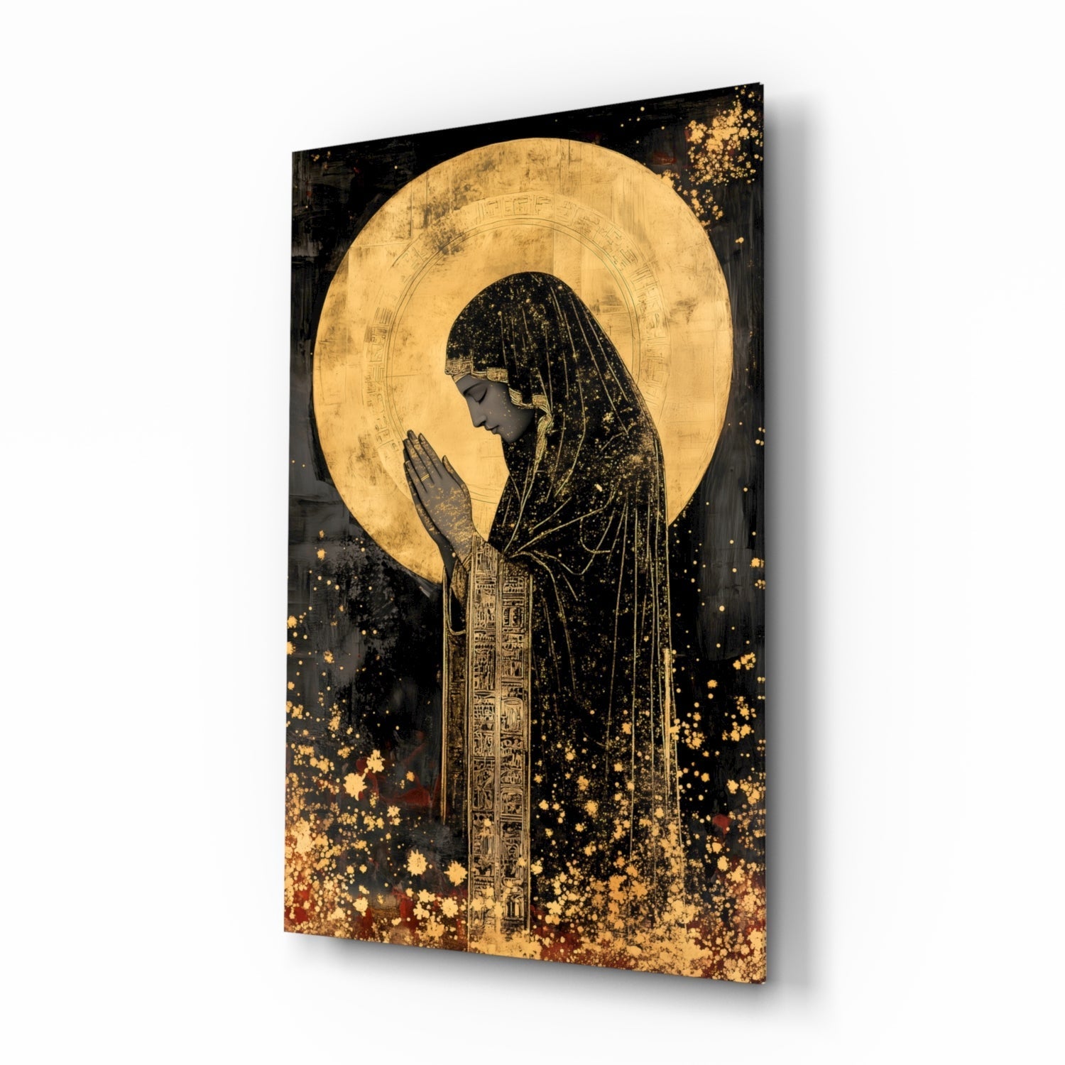 Golden Prayers of Mary glass wall art, gold-leaf Madonna icon