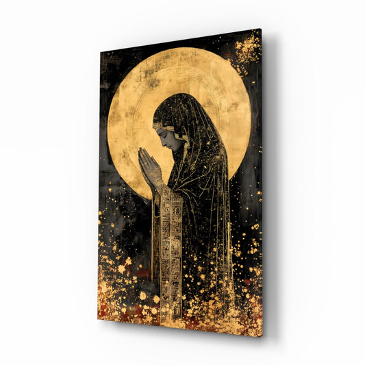 Golden Prayers of Mary glass wall art, gold-leaf Madonna icon