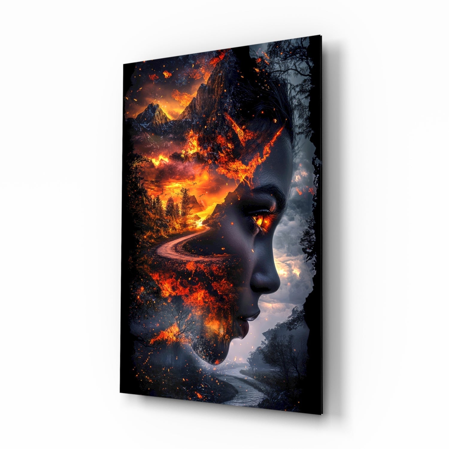 The Fire Within glass wall art, surreal double-exposure portrait