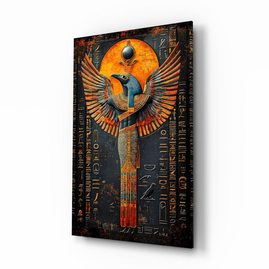 Winged God glass wall art with Horus falcon-headed Egyptian deity