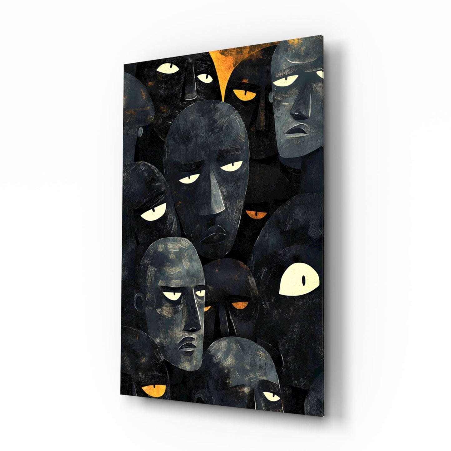 Foreign Faces glass wall art, abstract folk-art masks