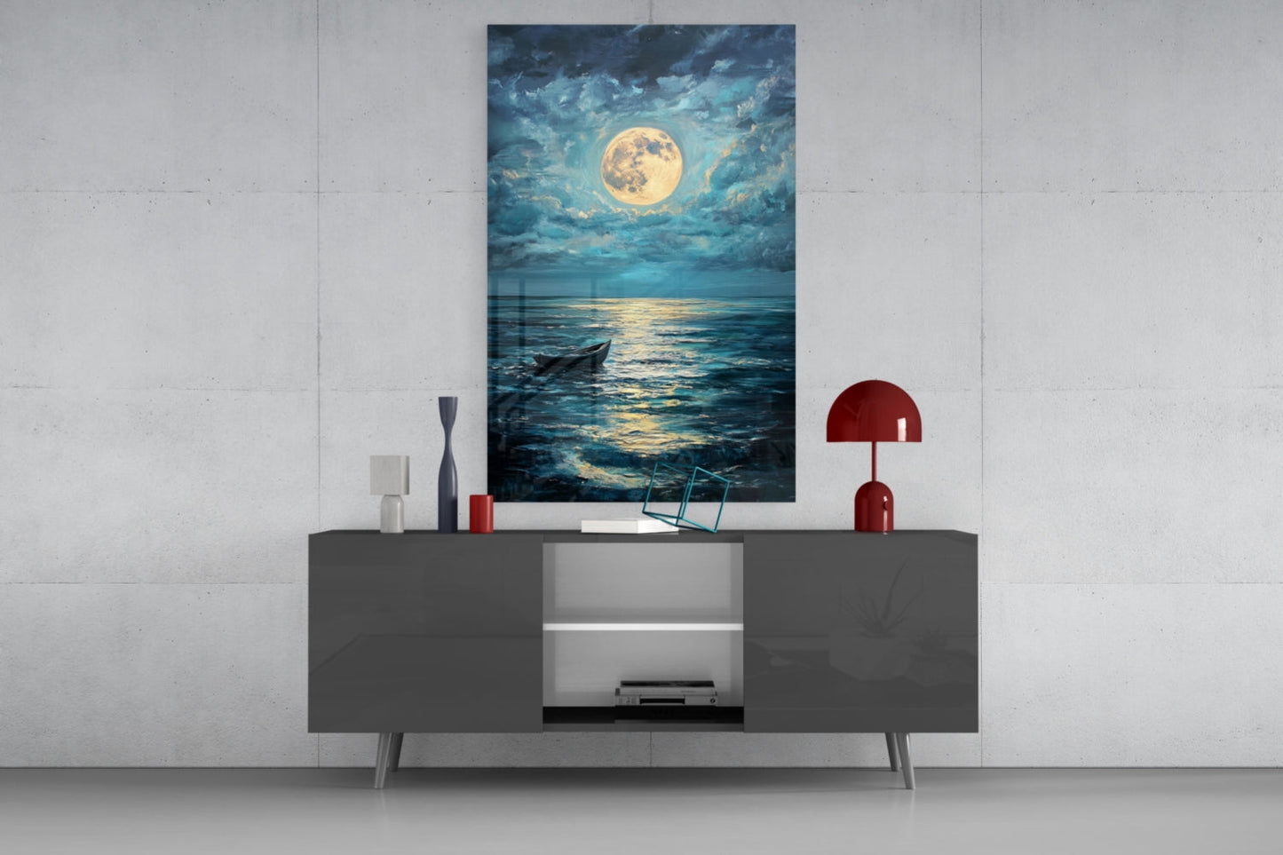 Boat in the Full Moon Glass Wall Art