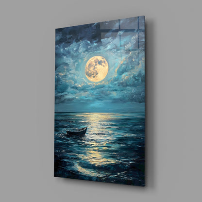 Boat in the Full Moon Glass Wall Art