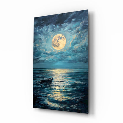 Boat in the Full Moon glass wall art with moonlit seascape