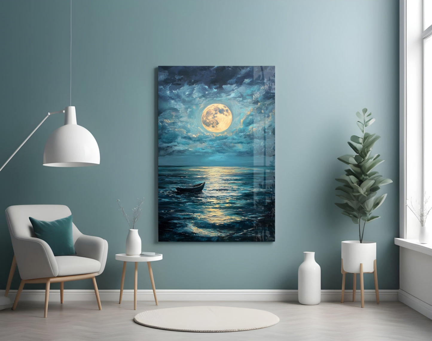 Boat in the Full Moon Glass Wall Art