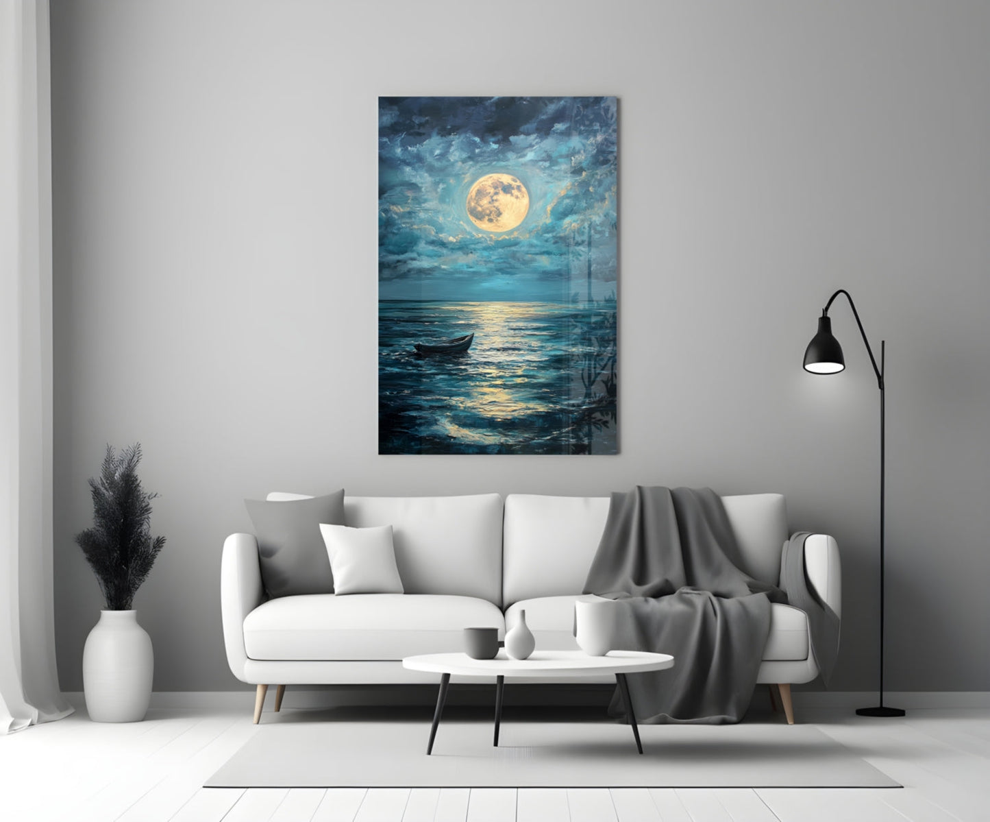 Boat in the Full Moon Glass Wall Art