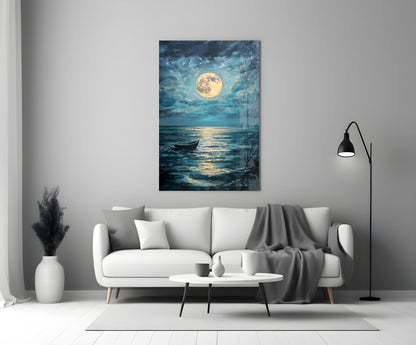 Boat in the Full Moon Glass Wall Art