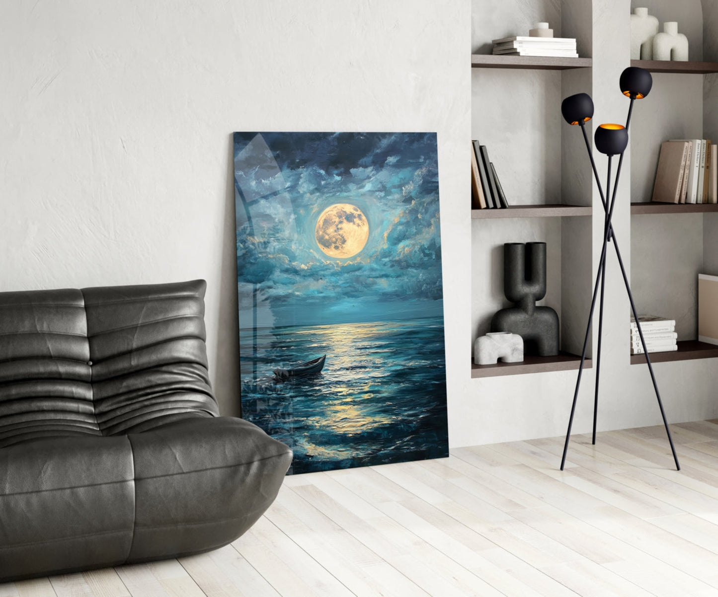Boat in the Full Moon Glass Wall Art