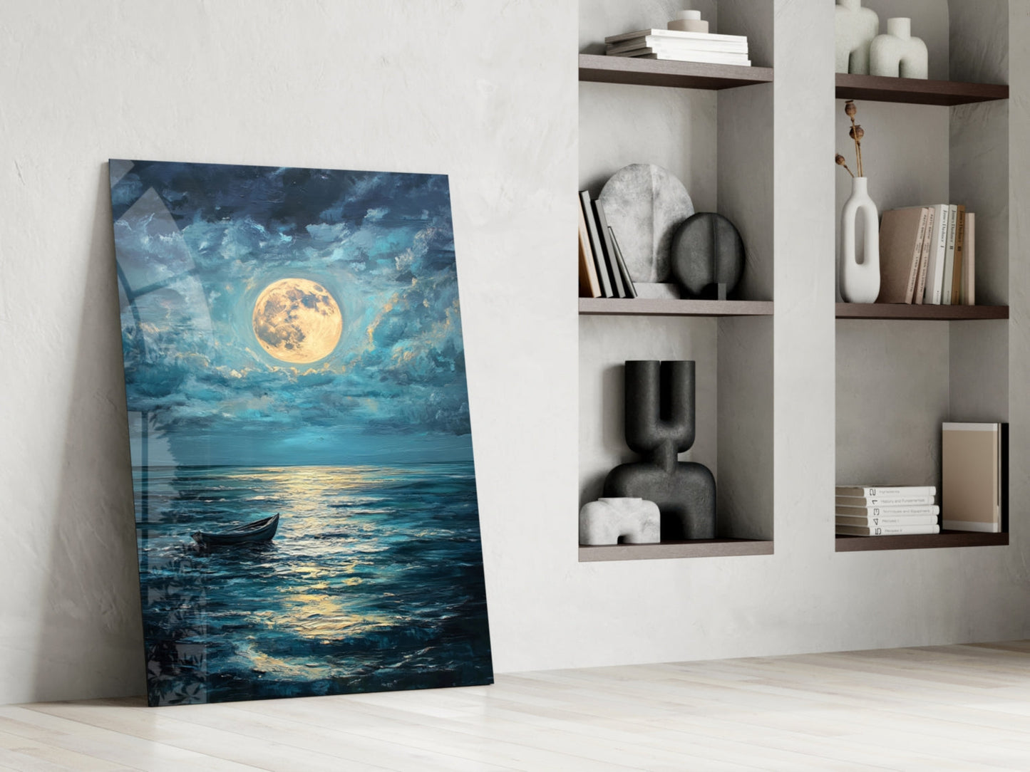 Boat in the Full Moon Glass Wall Art