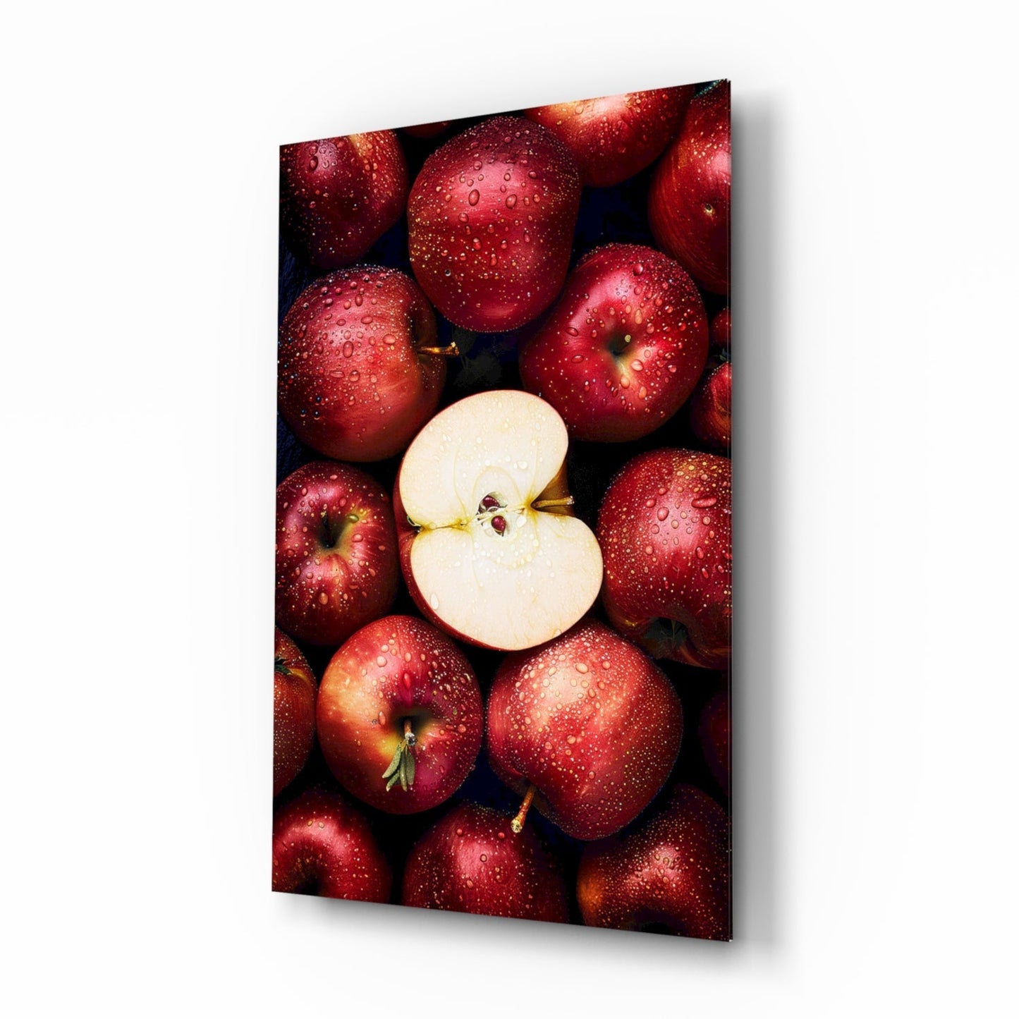 Queen of Apples glass wall art with dewy red apple still life