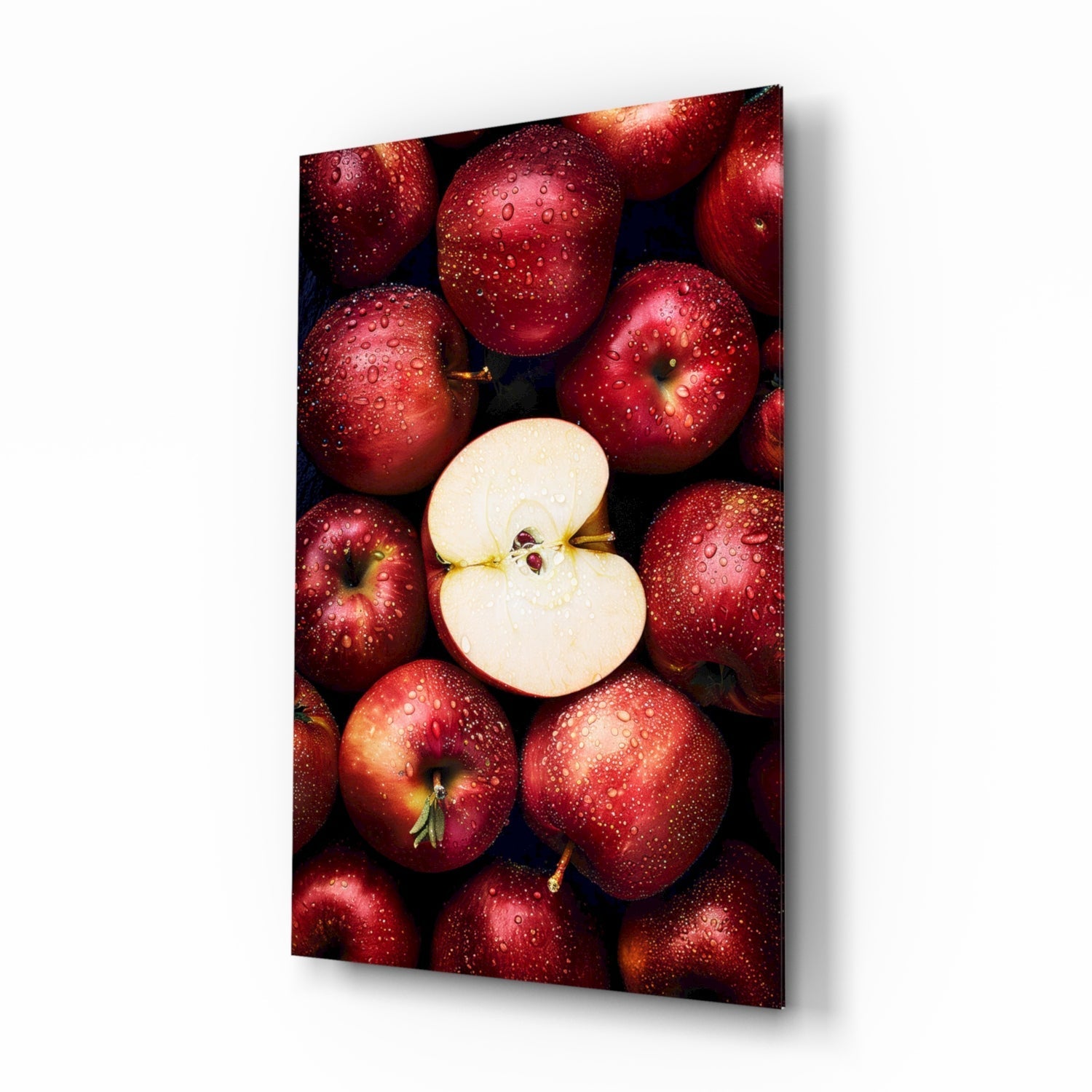 Queen of Apples glass wall art with dewy red apple still life