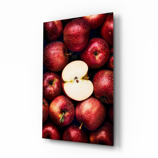 Queen of Apples glass wall art with dewy red apple still life