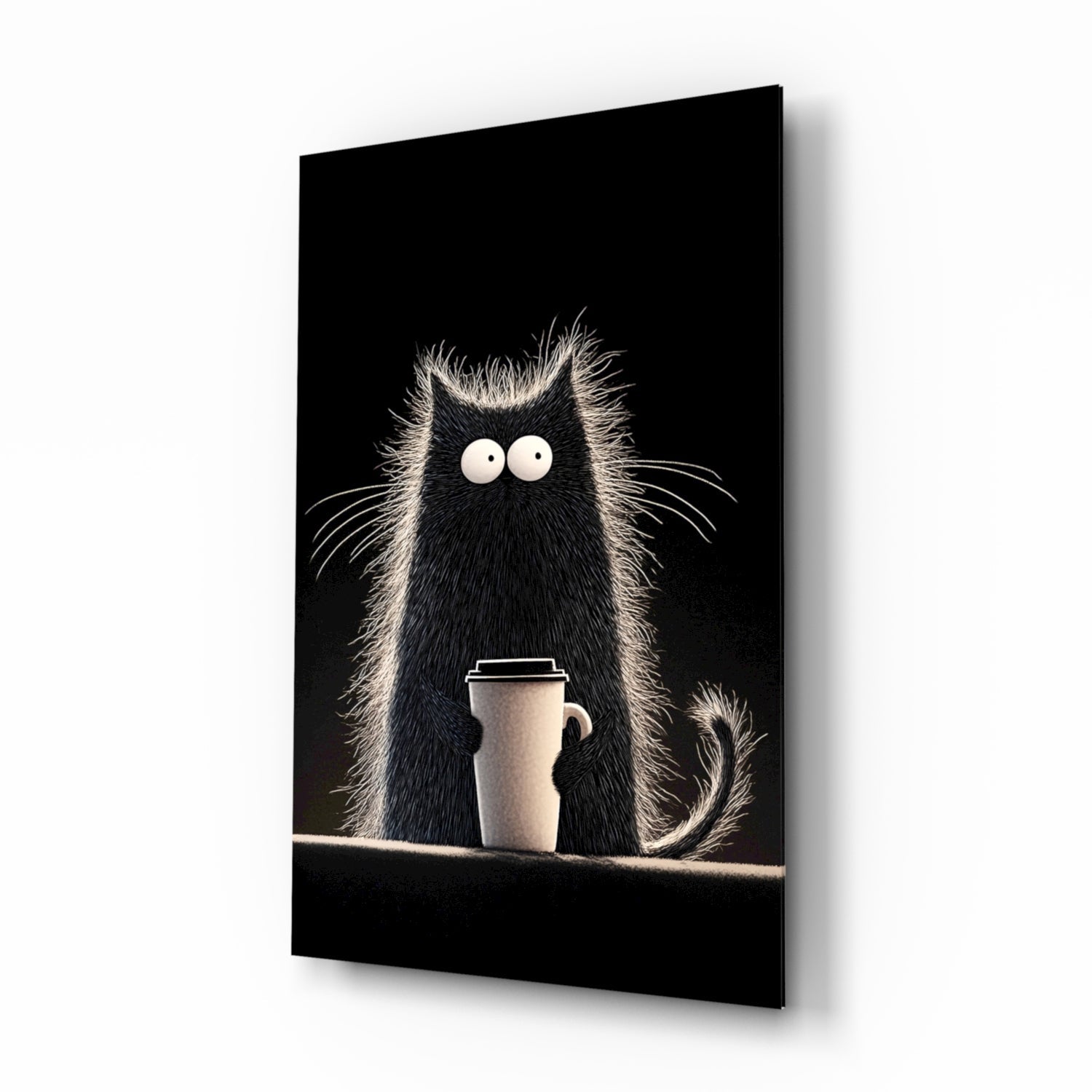 Coffee Lover Cat glass wall art, a black cat holding a coffee cup on tempered glass