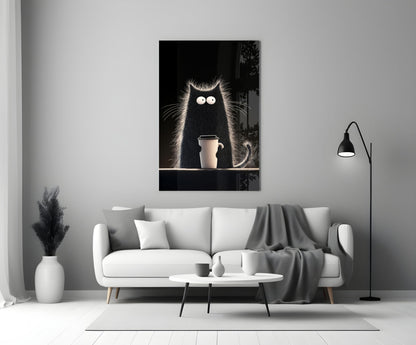 Coffee Lover Cat Glass Wall Art || Designer Collection
