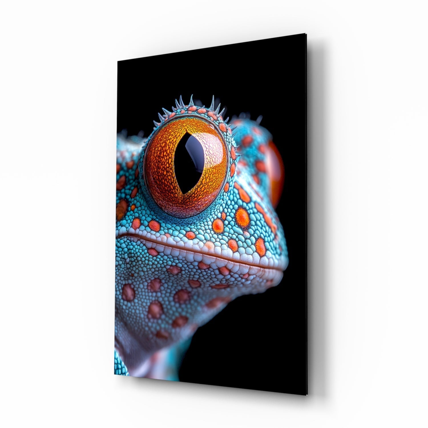 Cosmic Eyes glass wall art, macro gecko close-up