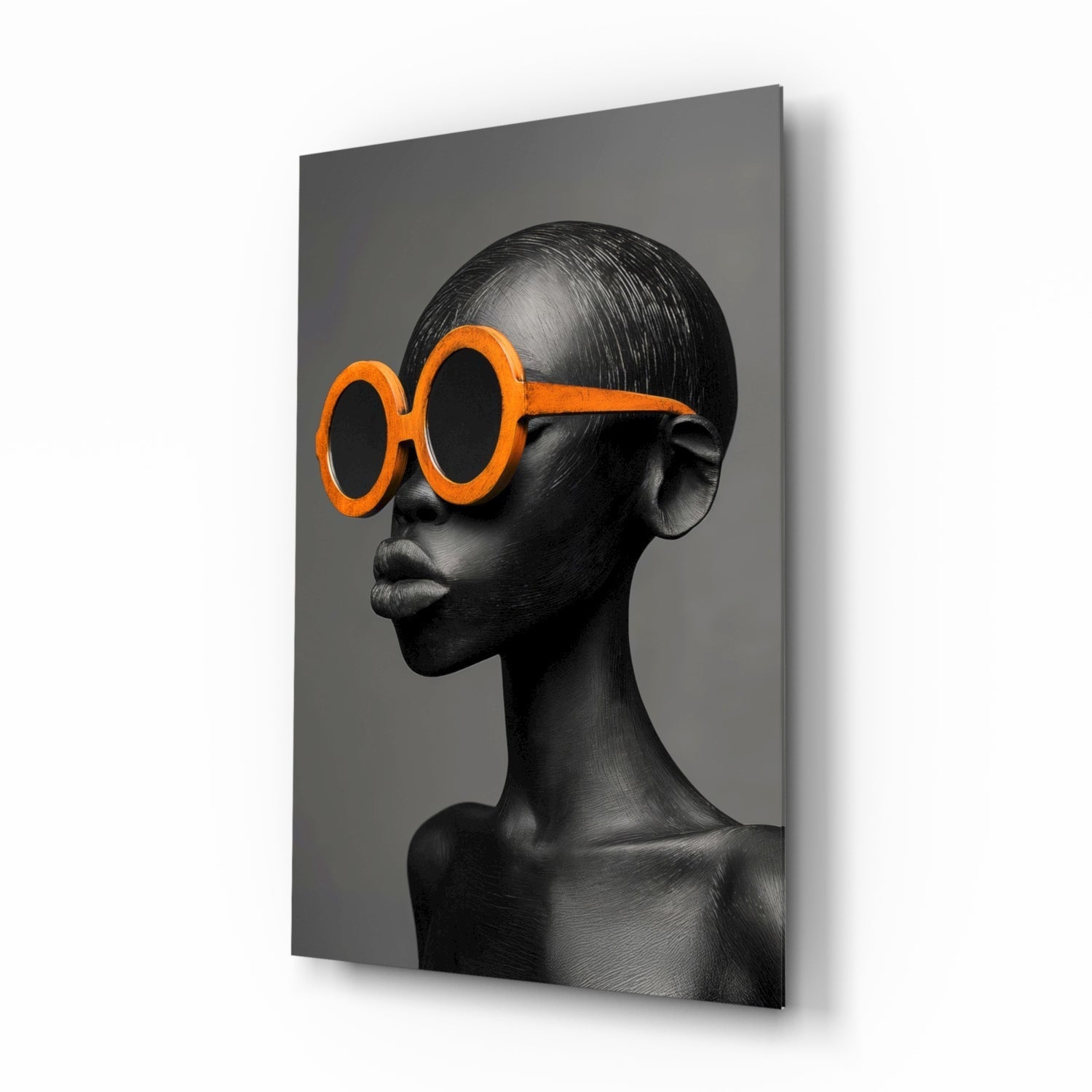 Faces of Colors glass wall art, greyscale portrait with tangerine sunglasses