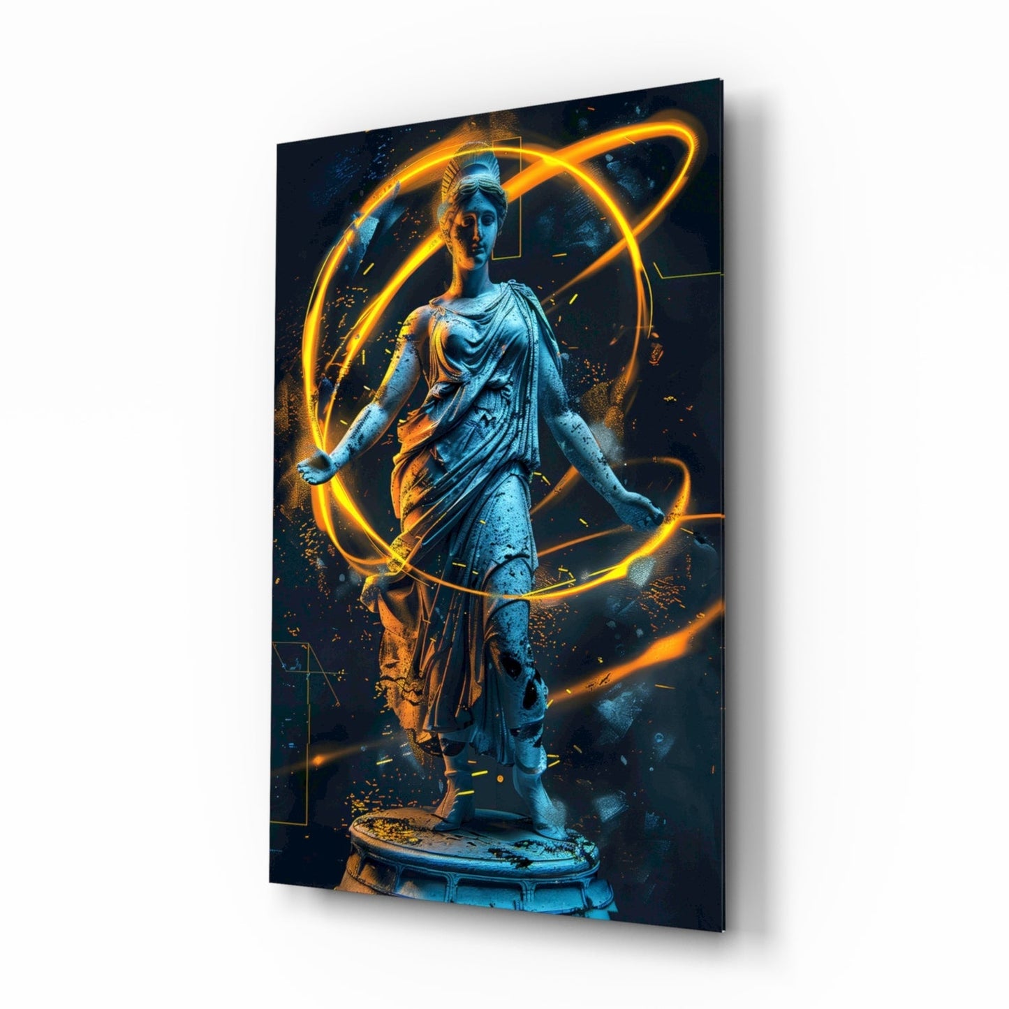 Neon Venus glass wall art, classical statue with gold neon rings