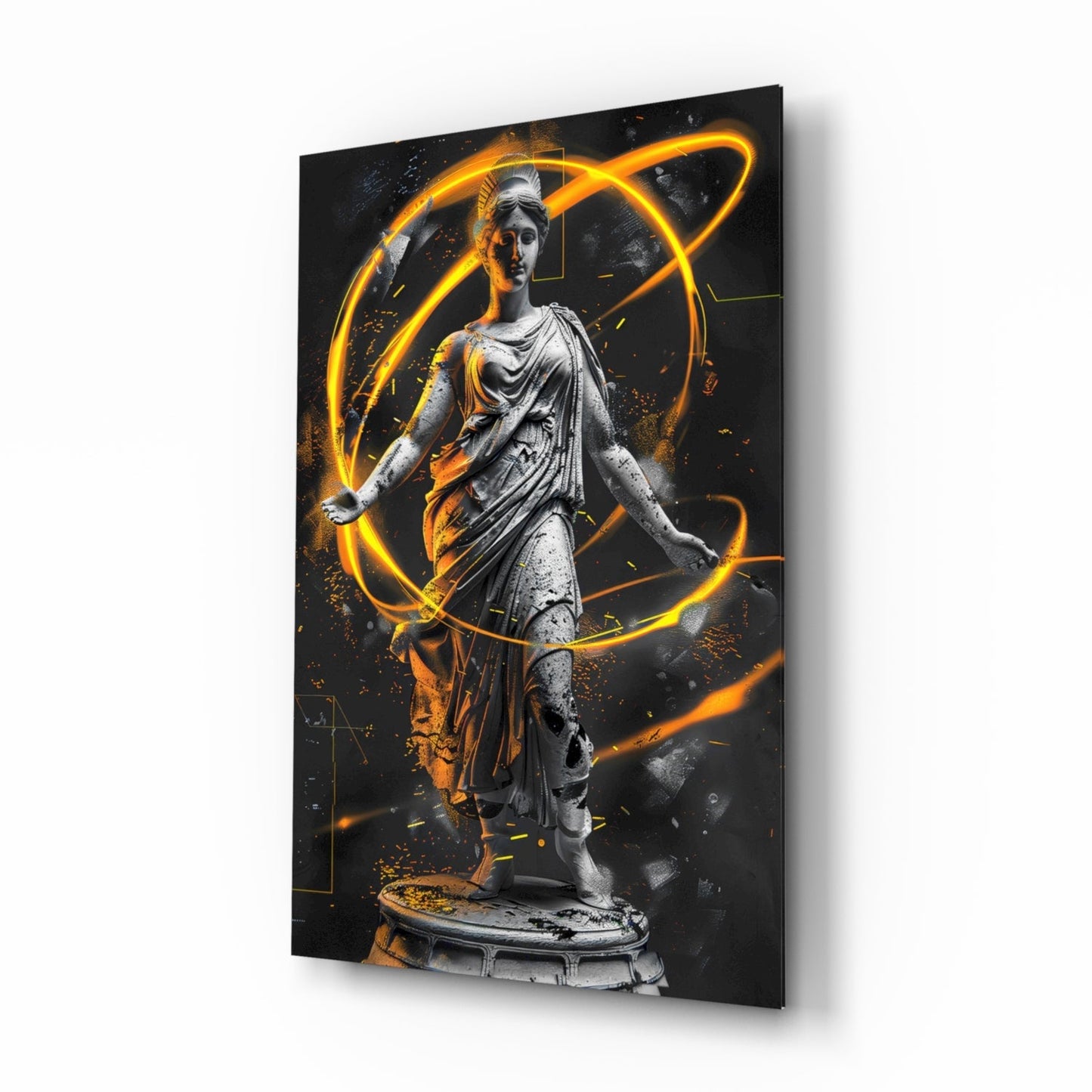 Neon Venus glass wall art, classical statue with amber neon rings