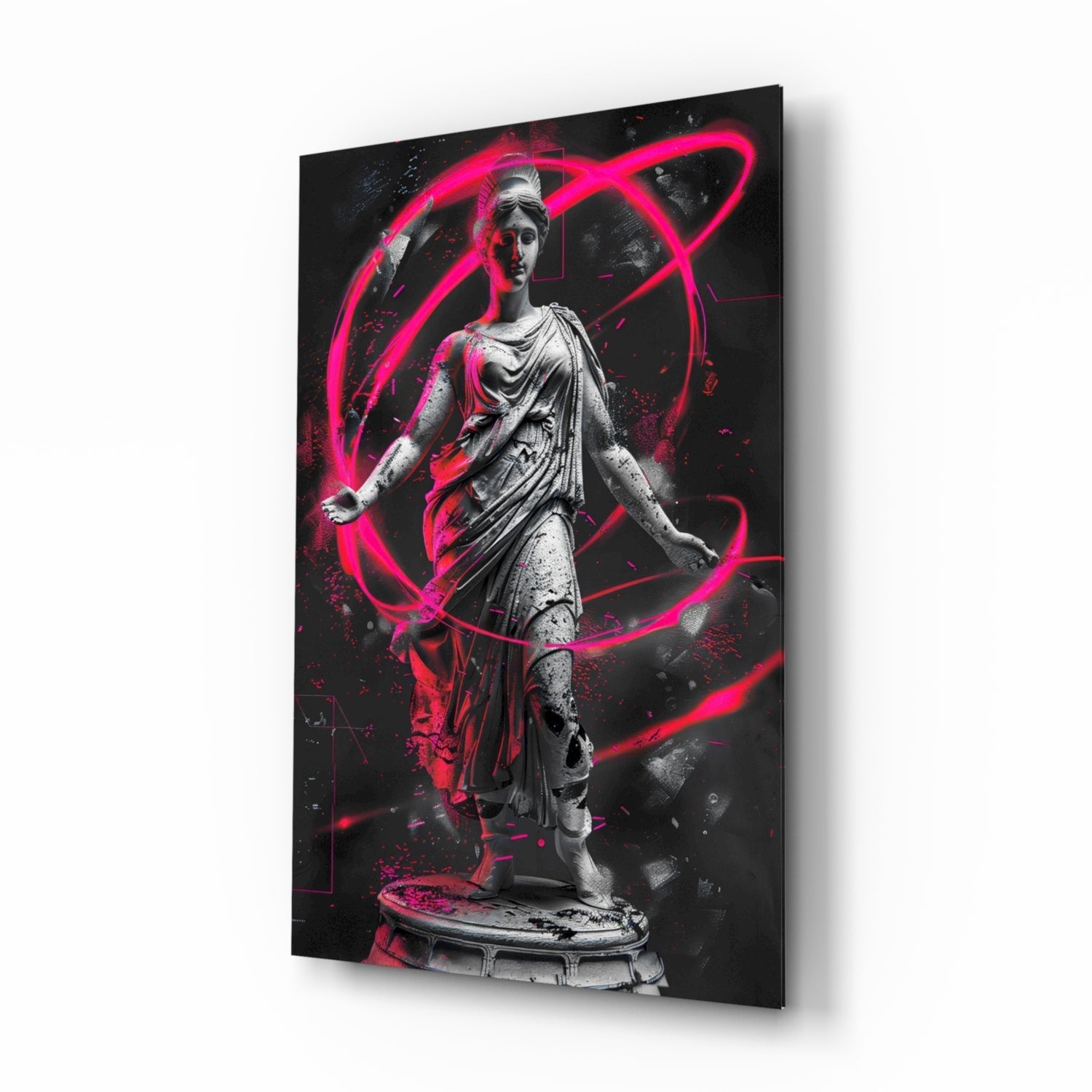 Neon Venus glass wall art, classical statue with magenta neon rings