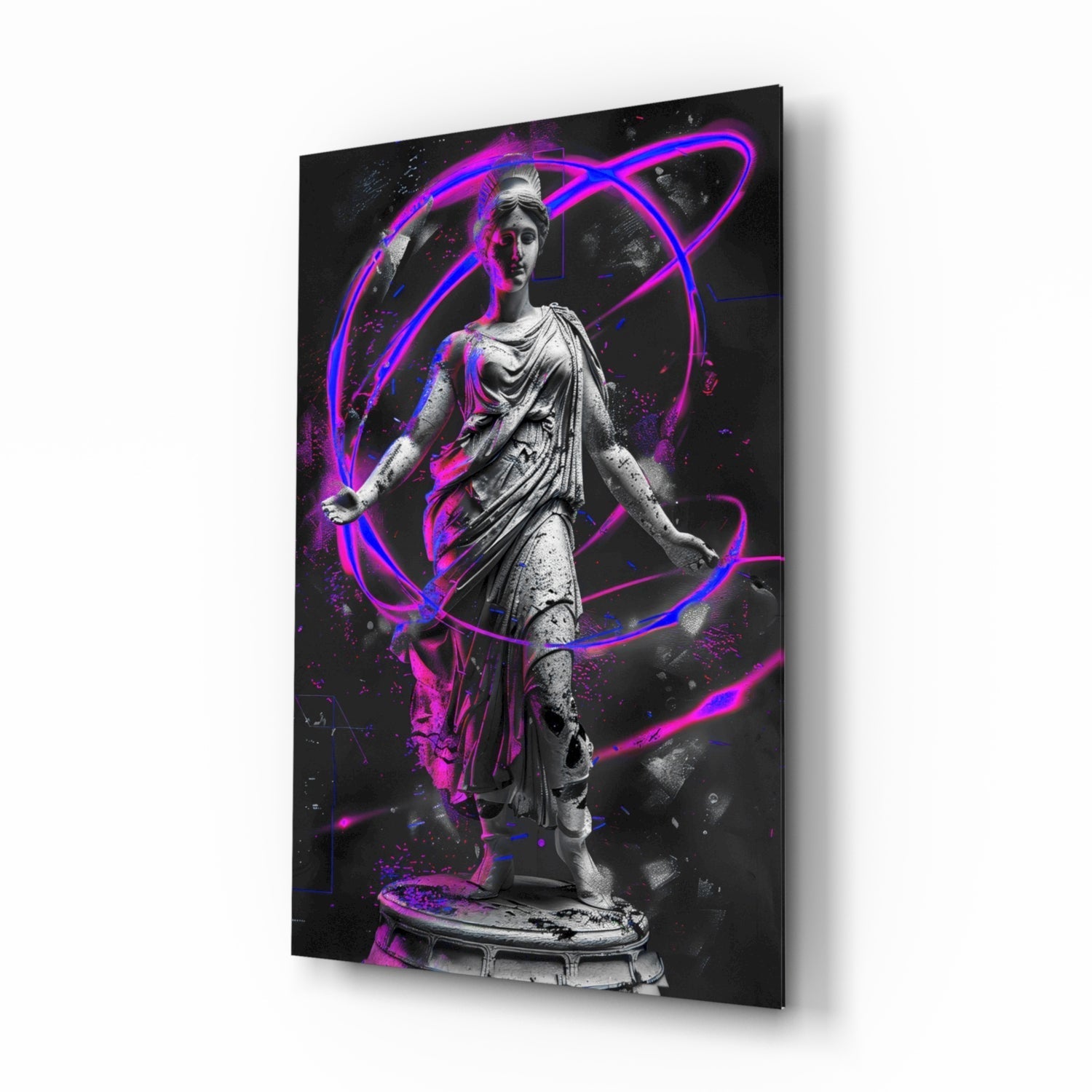 Neon Venus glass wall art, classical statue with violet neon rings