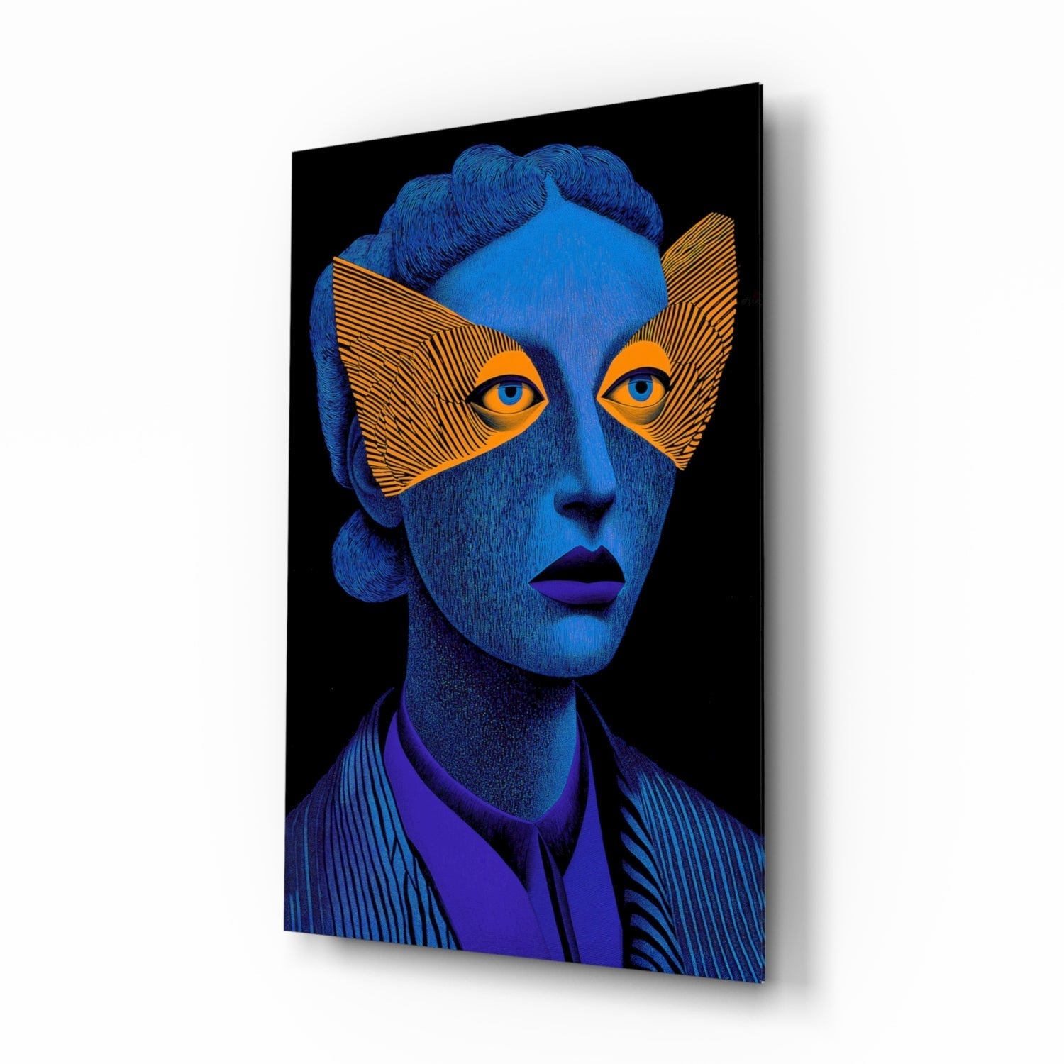 Striped Look glass wall art with indigo editorial portrait and tangerine mask