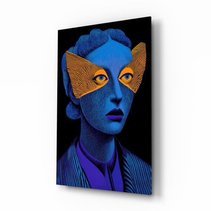 Striped Look glass wall art with indigo editorial portrait and tangerine mask