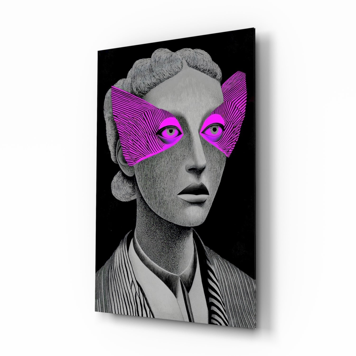 Striped Look glass wall art, greyscale editorial portrait