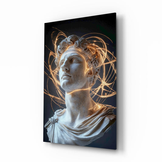 The Shining Mind of Aurelius glass wall art, classical bust with golden circuitry