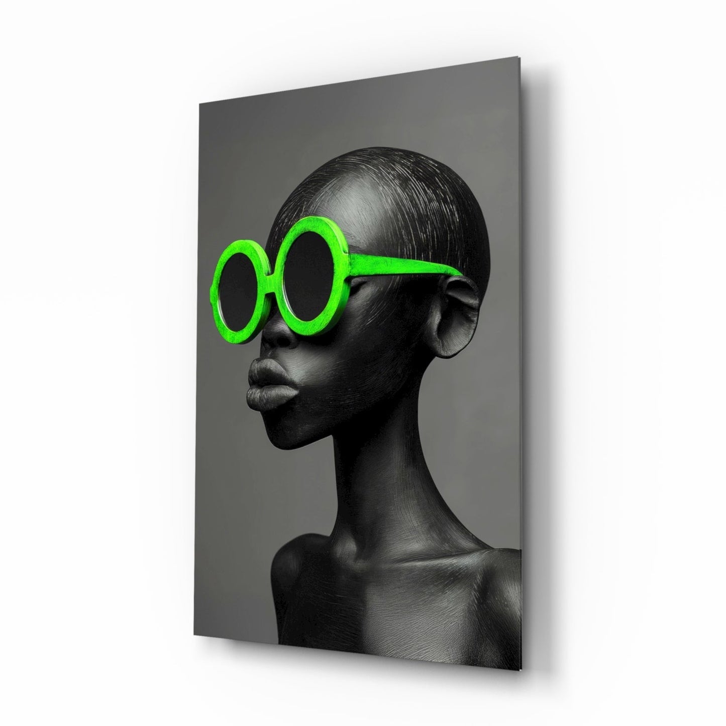 Faces of Colors glass wall art, greyscale portrait with neon-green sunglasses