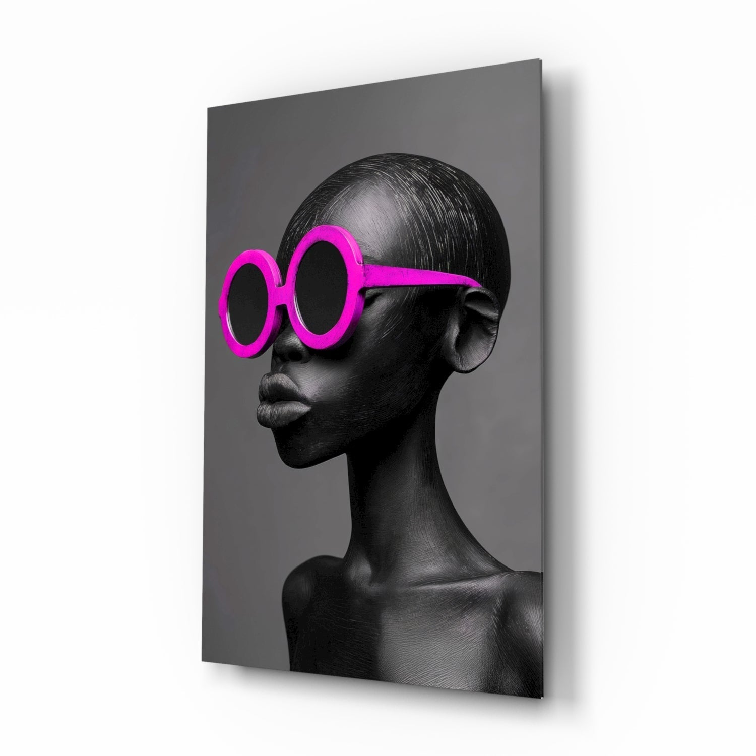 Faces of Colors glass wall art, greyscale portrait with magenta sunglasses