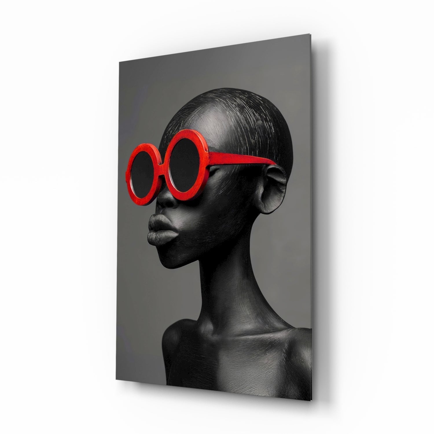 Faces of Colors glass wall art, greyscale portrait with scarlet sunglasses
