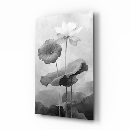 Black and white lotus glass wall art, single white lotus in soft sumi-e ink style