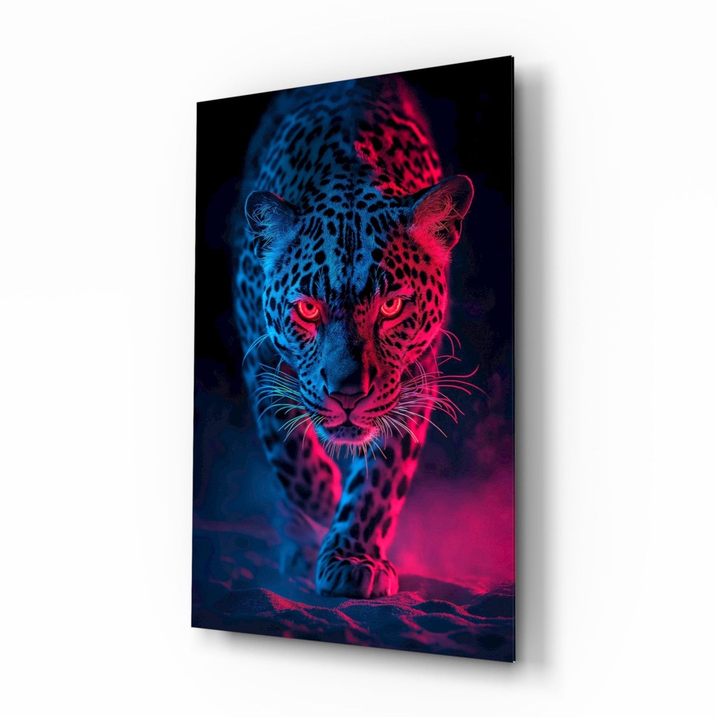 Neon Leopard glass wall art, wildlife scene