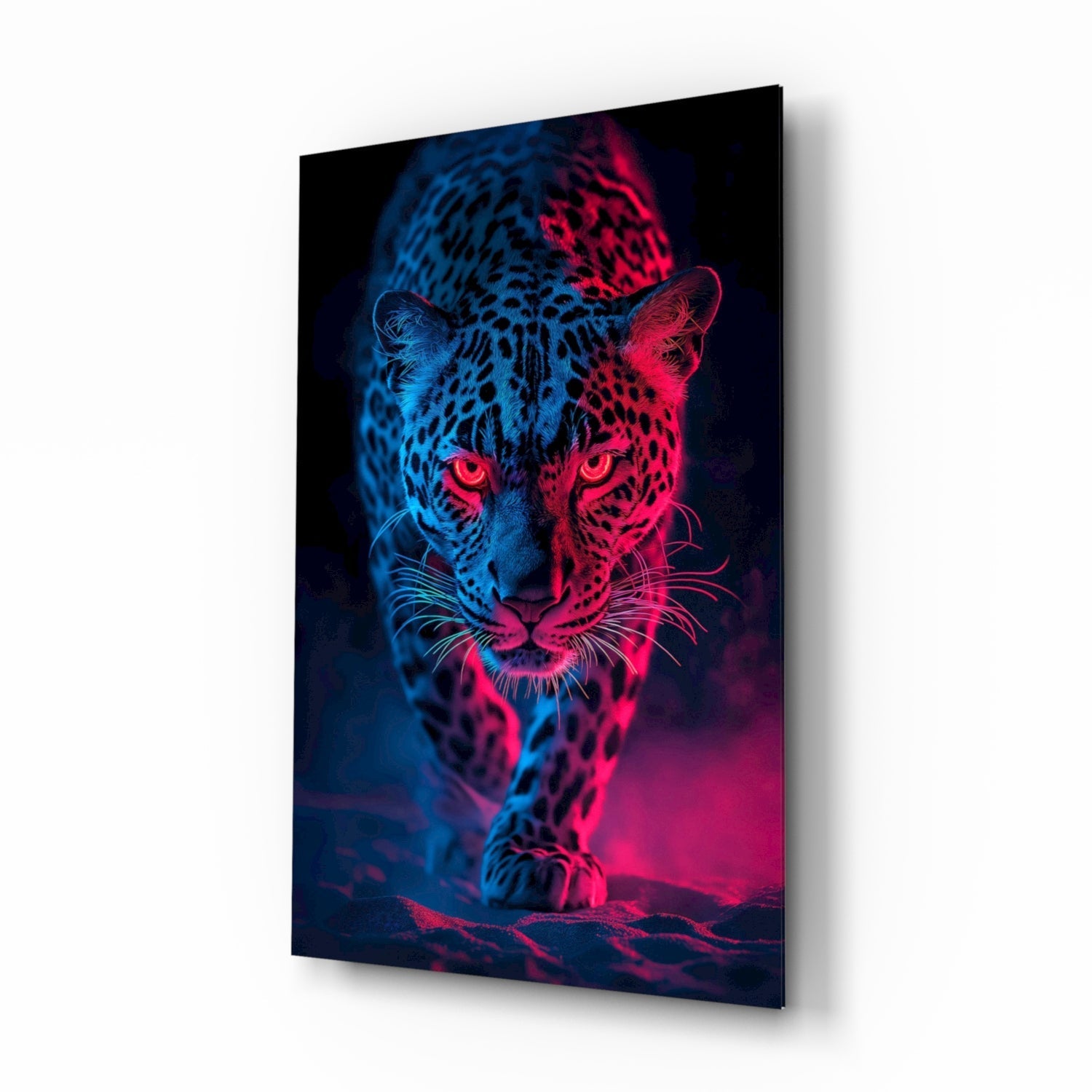 Neon Leopard glass wall art, wildlife scene