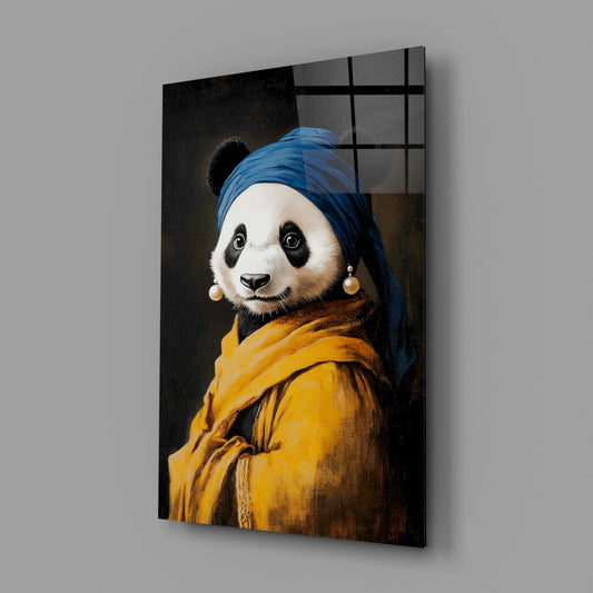 Panda with a Pearl Earring Glass Wall Art